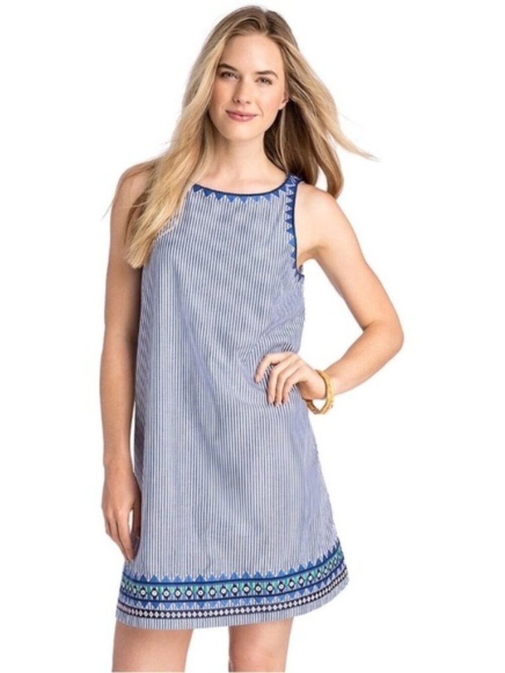 Vineyard‎ Vines Geo Prep Swing Shift Dress 12 Striped Embroidered Cotton Preppy